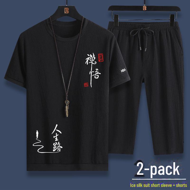 Sommer Herren Freizeit Sportanzug Herren Eisseide Kurzarm T-Shirt & Shorts Zweiteiliges Set