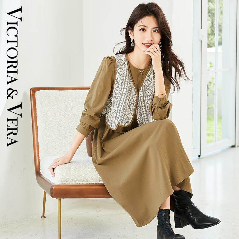 VICTORIA&VERA Women's Elegant Embroidered Vest Style Long Sleeve Dress