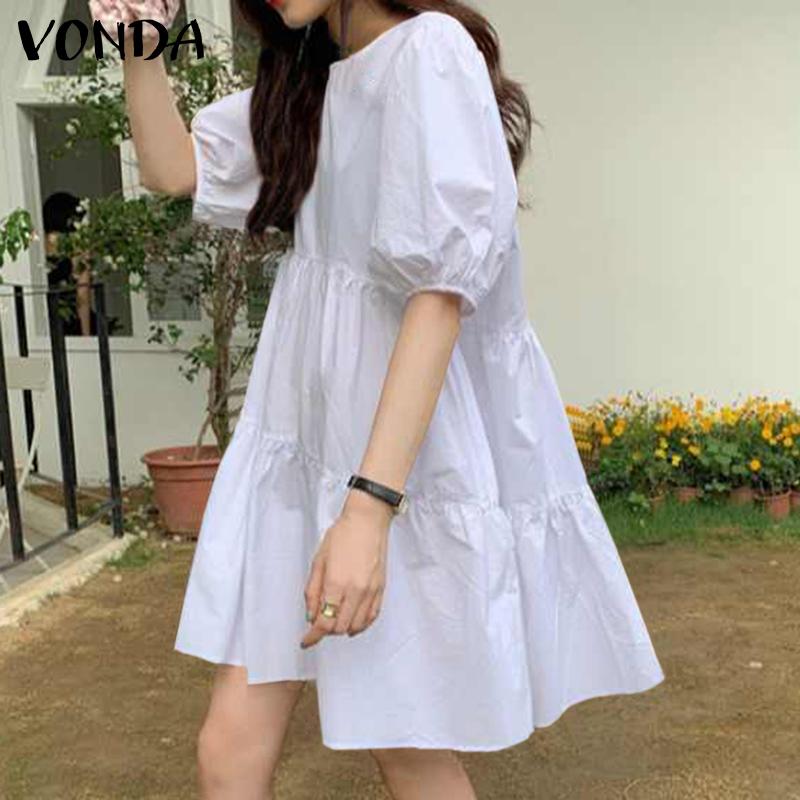 VONDA verano moda mujer plisado vacaciones midi vestidos elegantes estilo  coreano O cuello puff manga plana de color blanco casual vestido suelto  Kleid plus tamaño comprar a buen precio — entrega gratuita,
