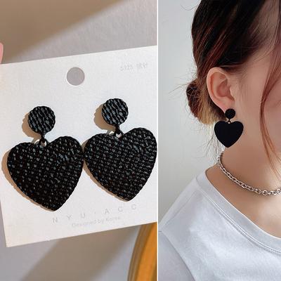 Orecchino Pendente Doppio Cuore dell'Amore Nero Moda Cristallo Lega Set di Orecchini Carino Coreano Gioiello Dolce Regalo
