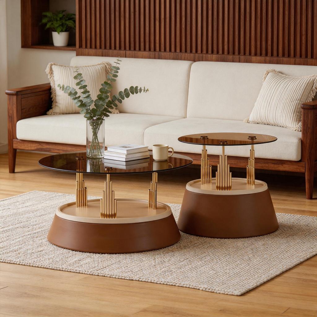 2-Piece coffee table set with glass top – modern nesting design living room table, tempered glass, metal frame, space-saving, approx. dimensions