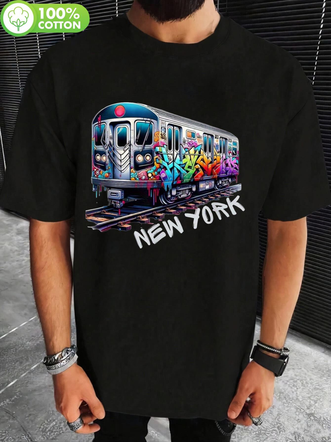 Vintage NYC Subway Graffiti Graphic T-shirt - Black Retro Urban Streetwear Tee with Vibrant Graffiti Train Design S