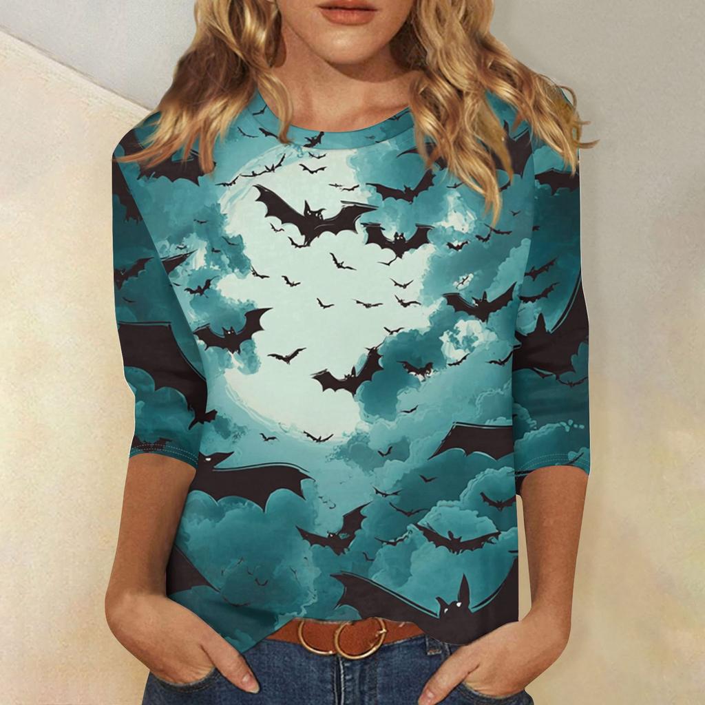 Women's Fashion Casual Three-quarter Sleeve Halloween Printed Round Neck Top