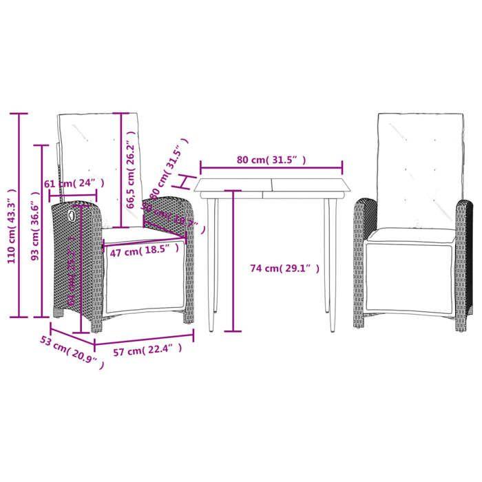 VidaXL Ensemble de Bistro avec Coussins 3 pcs, Chaises et Table de Patio, Meubles de Terrasse Arrière-cour Extérieur, Noir 3212514