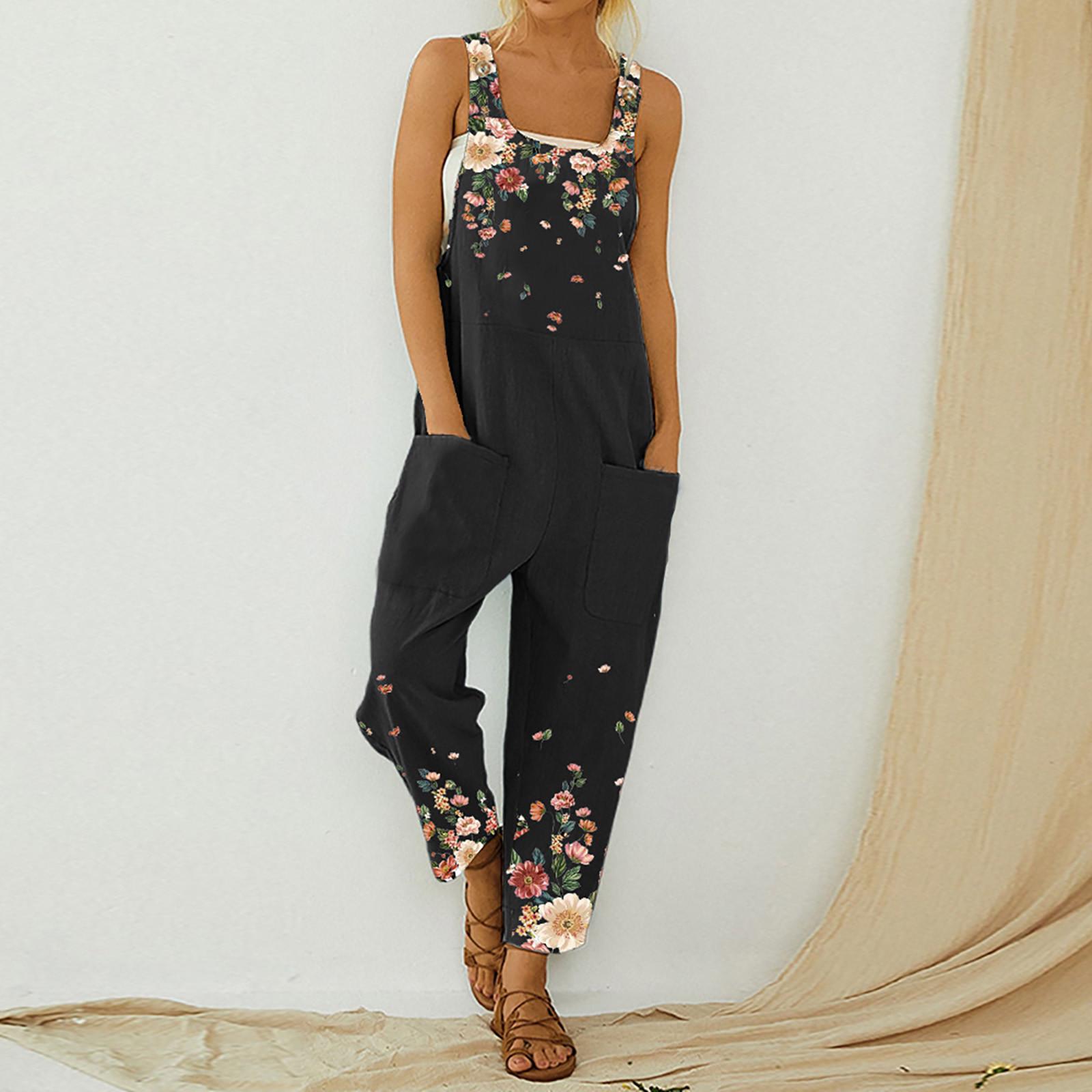 

Модные женские повседневные сексуальные брюки-комбинезон без рукавов с принтом на бретелях L чёрный