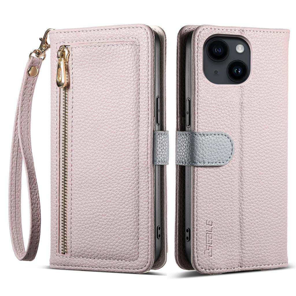 ESEBLE E11 For iPhone 15 Case Zipper Pocket Litchi Texture Leather Phone Cover with Mirror and Wrist Strap