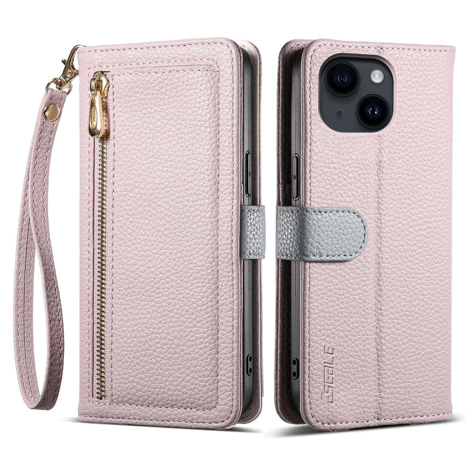 

ESEBLE E11 For iPhone 15 Case Zipper Pocket Litchi Texture Leather Phone Cover with Mirror and Wrist Strap E