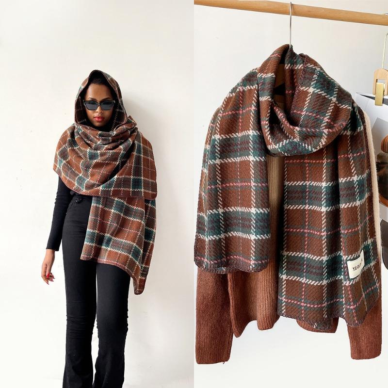Imitation cashmere plaid shawl women's winter high-end atmosphere black scarf triangular hemming head shawl