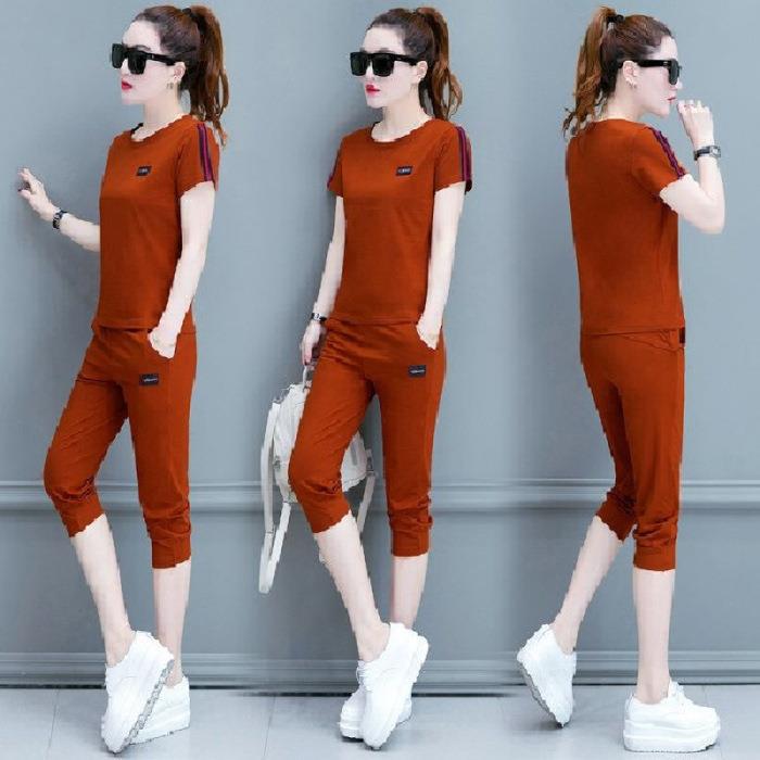 Casual Suit for Women, Loose Summer Korean Style Fashionable Short-sleeved Cropped Pants Sportswear Two-piece Set