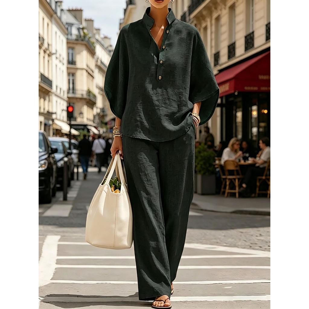 Women's Loose Fit Stand Collar Three Quarter Sleeve Linen Blend Two Piece Pant Set