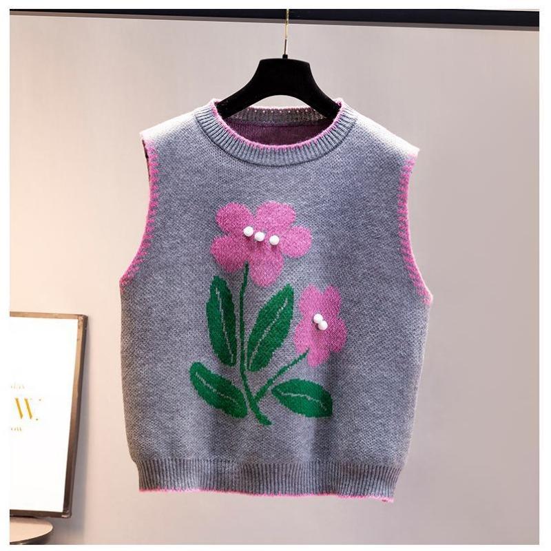 Round Neck Knitted Vest Embroidered Flowers Splicing Color Design Women's Knitted Pullover Sweater Loose Casual Top Autumn