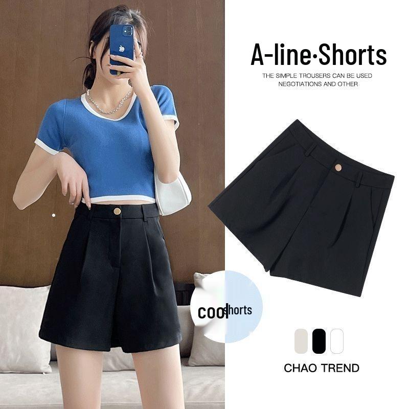 Women's High Waist Slimming Black A-line Suit Shorts for Spring 2026 - Versatile Wide Leg Quarter Pants