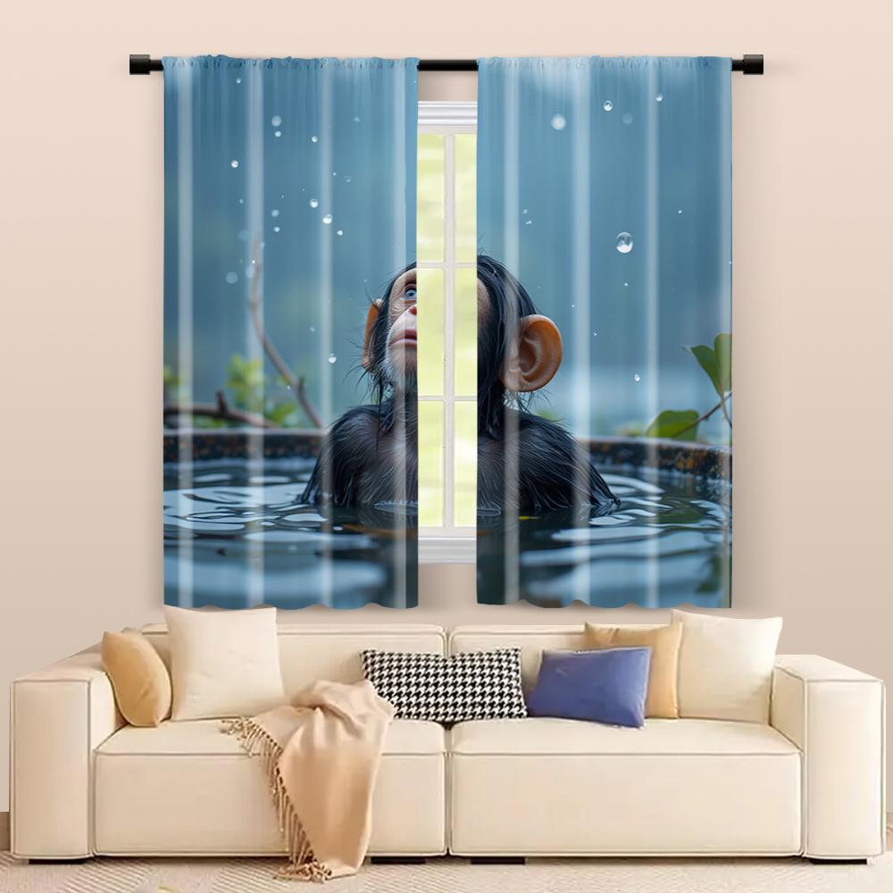 2 Pcs, Filtering Curtains (excluding Rods, Non-movable, Without Batteries) Playful Monkey In Bathtub for Use In Bedrooms and