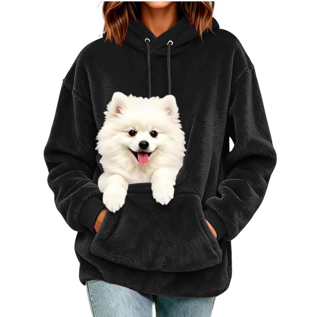 Huvtröja Dam Höst och Vinter Fleece Husdjursficka Med Huva Sweatshirt Rolig Pullover Topp Katt och Hundhållare Bärsele Huvtröjor