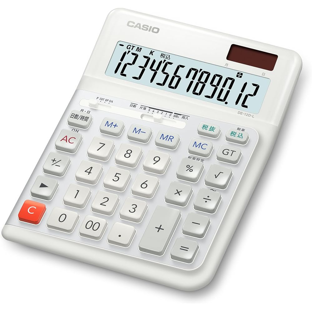 Casio Ergonomic Calculator, Left-Handed, 12 Digits, Day & Time Calculation Function, Desk Type, White, DE-12D-L-WE-N, Eco Mark Certified