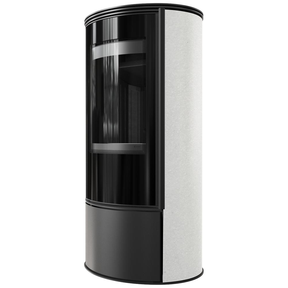 Holzofen Stahl KRATKI ERIK Ø 150 5,5 kW dekorative Keramik WEISS SATIN schwarz Thermotec selbstschließende Tür