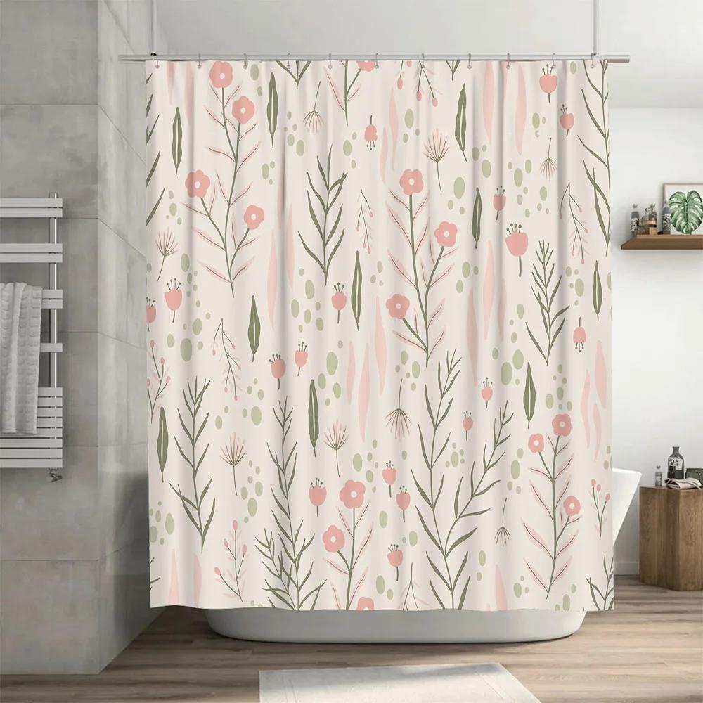 Elegant Floral Shower Curtain Pink Green Pattern for Bathroom Decor Modern Home Decoration Waterproof Fabric Shampoo Gel Storage