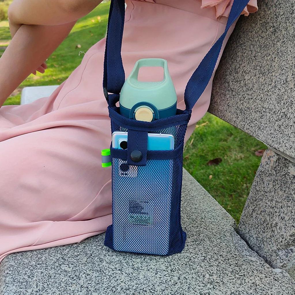 Water Bottle Mesh Cup Pouch Shoulder Carrier Mug Holder Bag Portable Mobile Phone Carry Bag for Outdoor Sports Camping