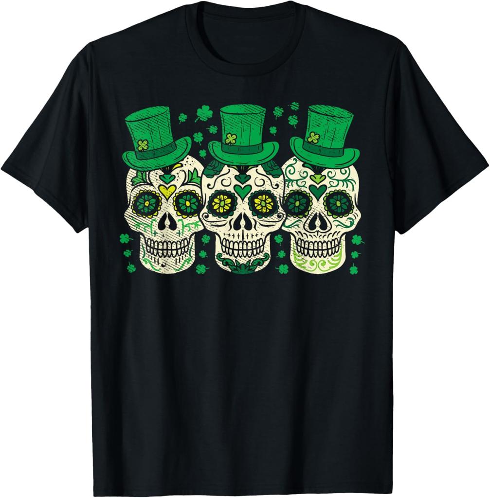 Irish Sugar Skull Leprechaun St Patricks Day Graphic Tee Men Casual Cotton T-Shirt