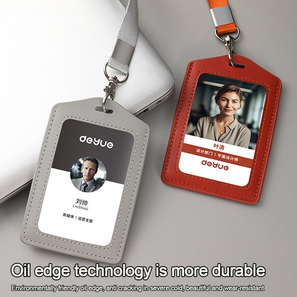 High Quality Genuine Leather Work Card Holder With Neck Lanyard Solid Color ID Card Cover Id Name Tag Business
