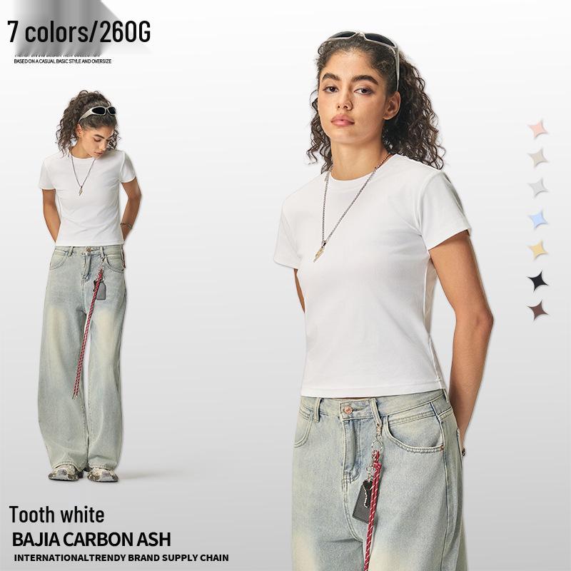 Летний короткий пуловер в американском стиле: Однотонная облегающая повседневная женская футболка Small грязно-белый