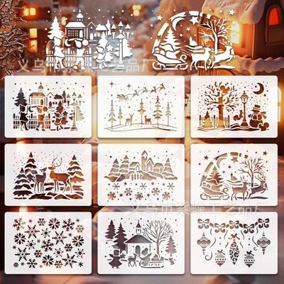 9 Blätter/Set, Weihnachtsmalvorlage, Ausgehöhlt, Weihnachtsposter, Graffiti-Schablone, PET-Ausstanzschablone, Auslassbrett