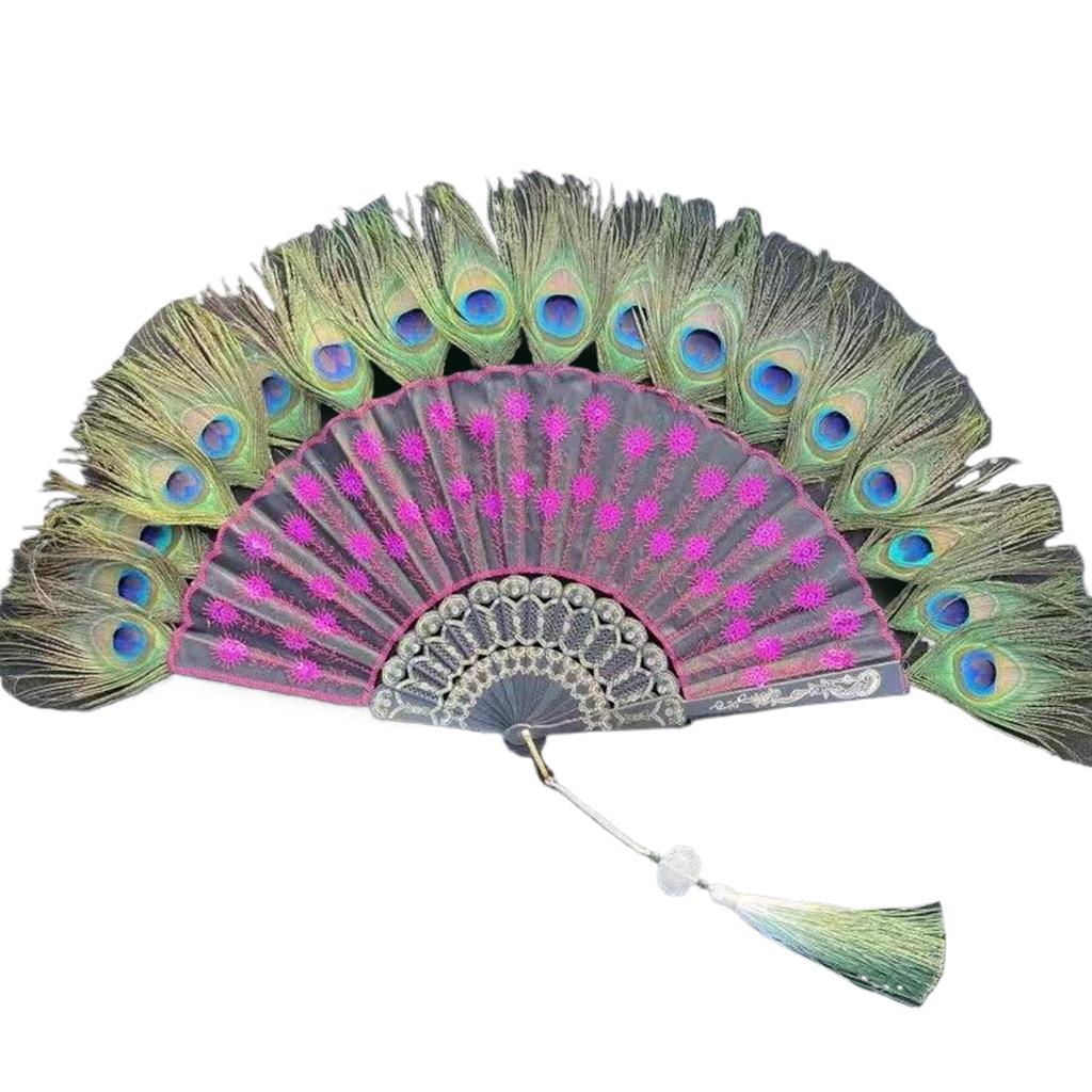 Colorful Hand Fan Elegant Peacock Feather Folding Fan for Halloween and Vintaged Type Occasion Decoration
