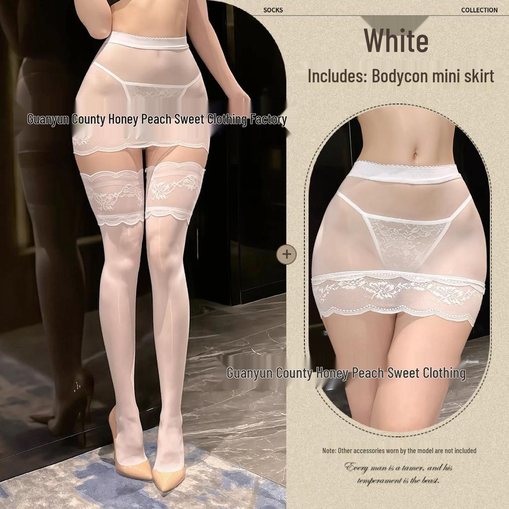 Seductive Sheer Hip-Hugging Miniskirt with Lace Trim and Over-the-Knee Black Stockings