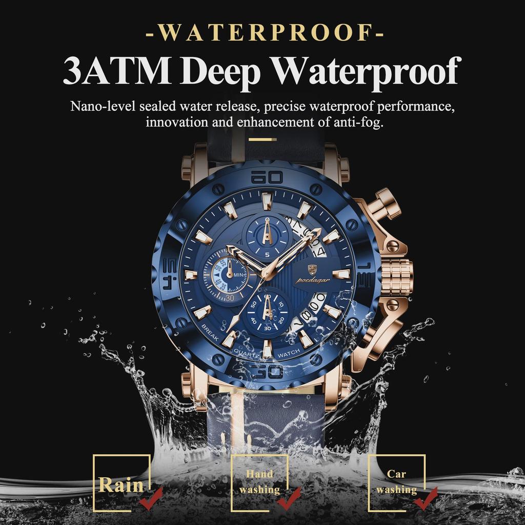 POEDAGAR Top Military Man Wristwatch Waterproof Luminous Date Fashion Chronograph Leather Sports Men's Quartz Watches