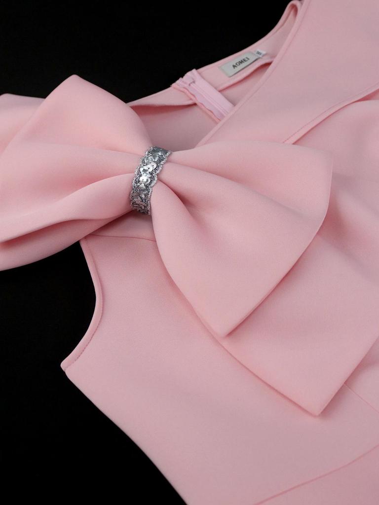 Women's Plus Size Pink Bow Off-Shoulder Elegant Evening Bodycon Dress