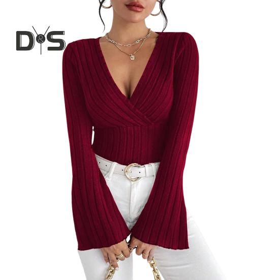 

Женские топы-топы с V-образным вырезом, расклешенные, с длинным рукавом, облегающие, трикотажные топы, однотонные, осенне-зимняя блузка L вино красного