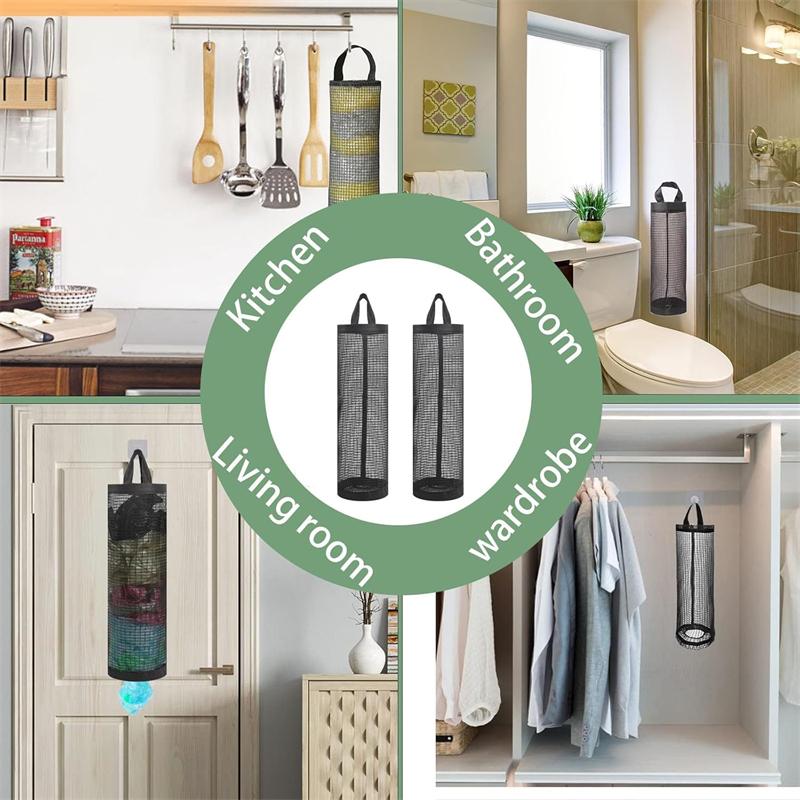 2pcs Mesh Plastic Bag Holder Carrier with Stick Hooks Garbage Bag Storage Organizer