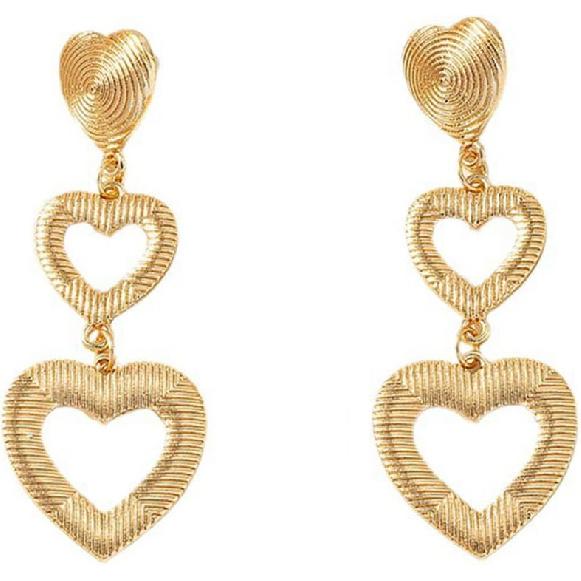 Gold Heart Earrings for Women Heart Drop Dangle Earrings Textured Earrings Three Heart Tandem Earrings Cute Heart Earrings Jewelry Gift for Women
