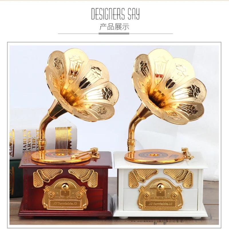 Luxury Home Ornaments Vintage Antique Wooden Metal Phonograph Music Box for Living Room Desktop Decoration Birthday Gifts
