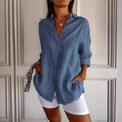 2024 Women's Solid Color European & American Roll-Up Sleeve Pleated Lapel Shirt