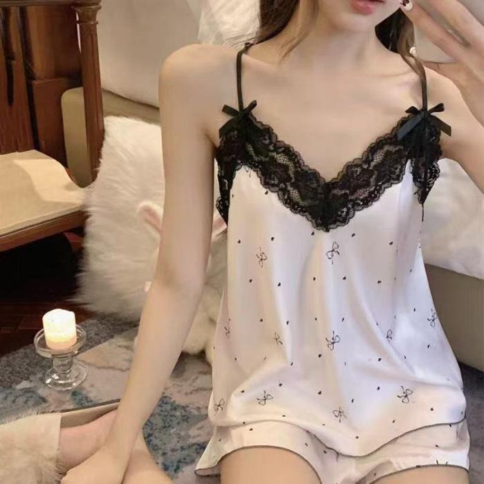 

Ice and snow ribbon chest pad pajamas women s summer suspenders shorts lace bow lace sexy loungewear set M size【 37.5-50kg 】