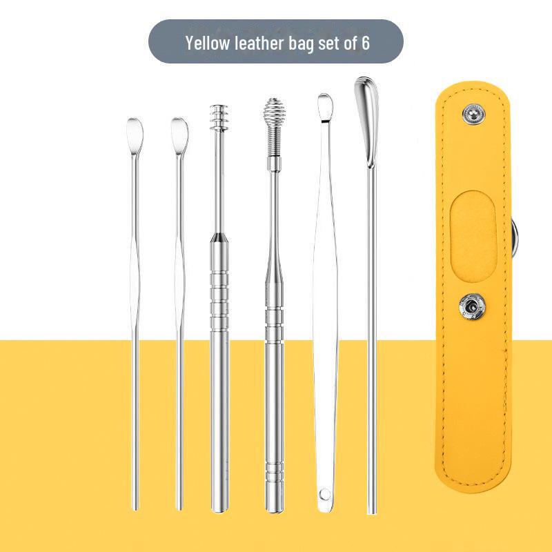 Six-Piece Stainless Steel Ear Cleaning Set with Spring Spiral Tools & Leather Case