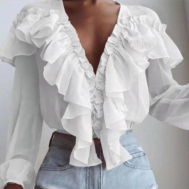 Fashion Ruffled Loose V-neck Chiffon Shirt Women Long Sleeve White Blouse For Women Elegant Fold Tops Casual Solid Shirts