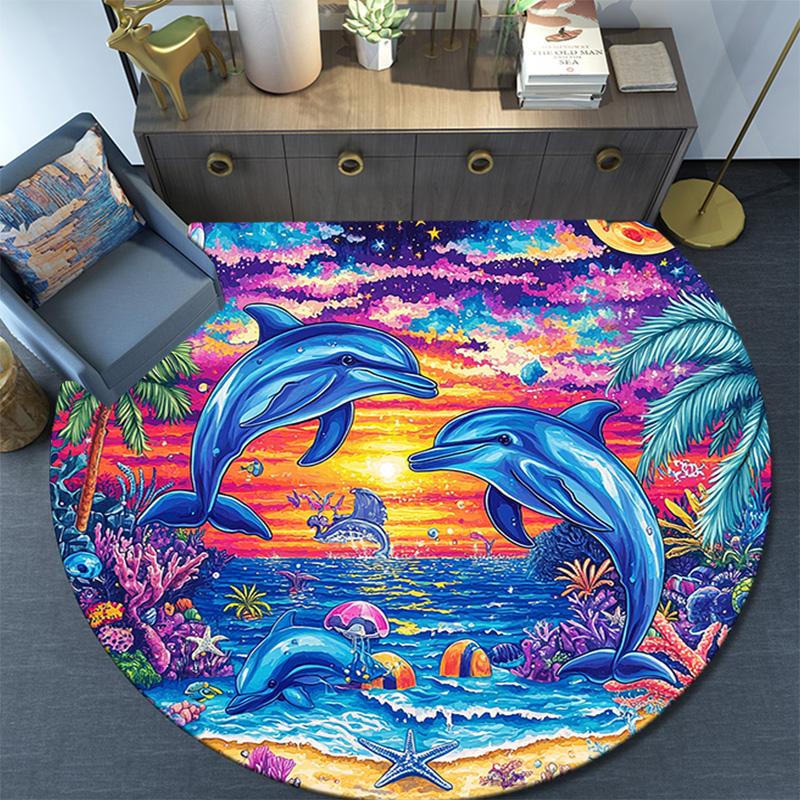 Dolphins Sunset Round Area Rug,Carpet Rug for Living Room Bedroom Sofa Playroom Decor,Non-slip Floor Mat