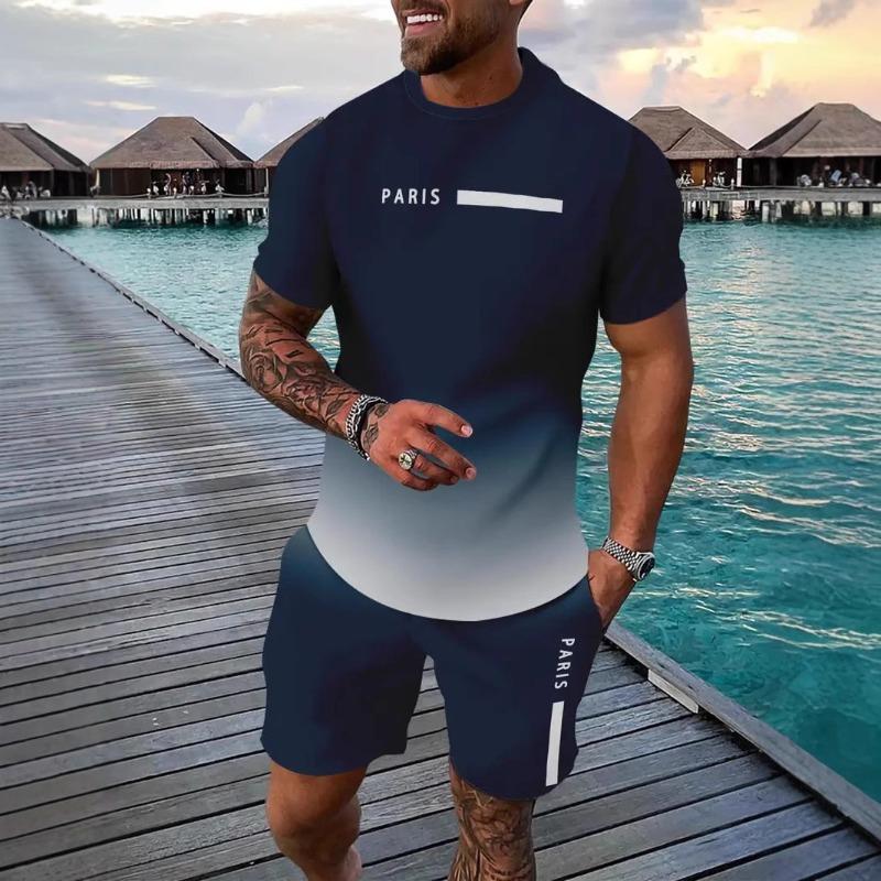Ensemble Sportif Deux Pièces Imprimé 3D pour Homme T-shirt à Col Rond Couleur Dégradée Hauts à Manches Courtes Shorts Décontractés Fitness
