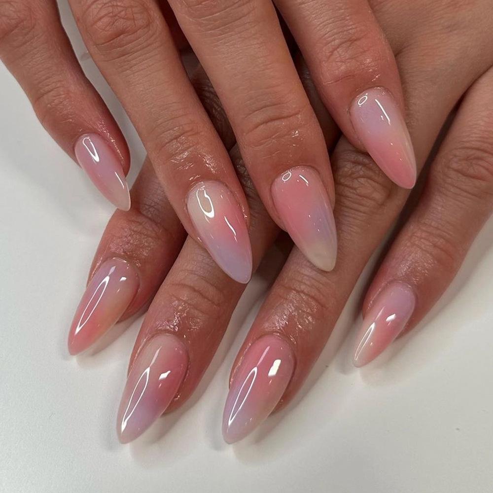 24Pcs Solid Nude Color Fake Nails with Pink Design Short Almond Press on False Nails Wearable Oval Finished Full Cover Nail Tips