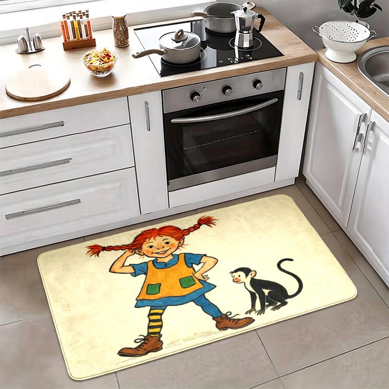 Pippi Flannel Kitchen Floor Mat Absorbent Non-Slip Soft Standing Mat Washable Comfortable Kitchen Rug for Home Sink Laundry