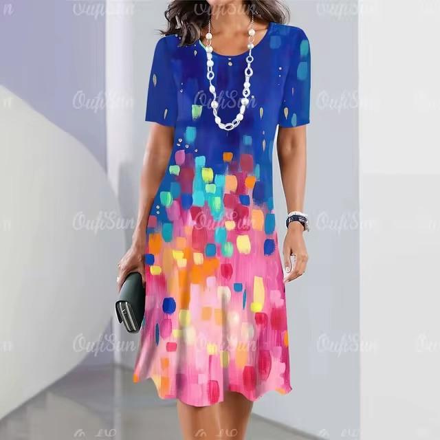 Women Vintage Short Sleeve 3d Print Midi Dress Comfortable Beach Dresses