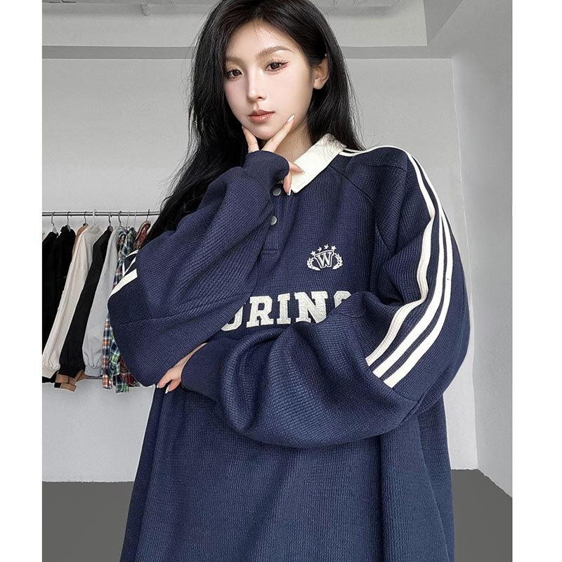

Women s Retro Striped Polo Collar Sweatshirt - 2025 New Collegiate Style Top 2XL (75-90 kg)