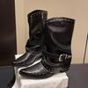Cowhide Version~ Retro Rivet Martin Boots Pointed Mid-tube Boots Women's Fried Street Thick Heel Height Increase Versatile Martin Boots