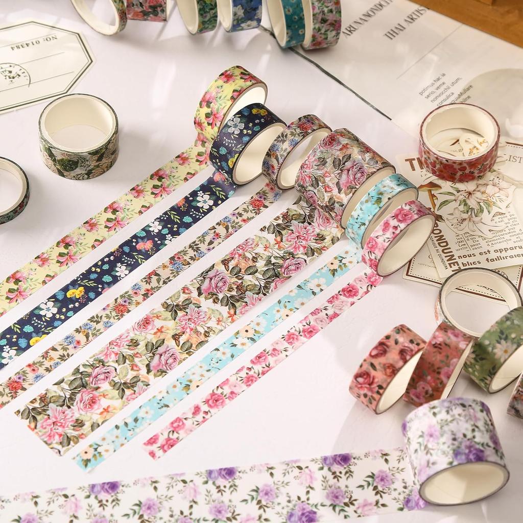 Set di Washi Tape Floreali - 15 Rotoli Fiori Arti Nastri Adesivi Fiori del Giardino Adesivi Decorativi Set di Masking Tape per Artigianato