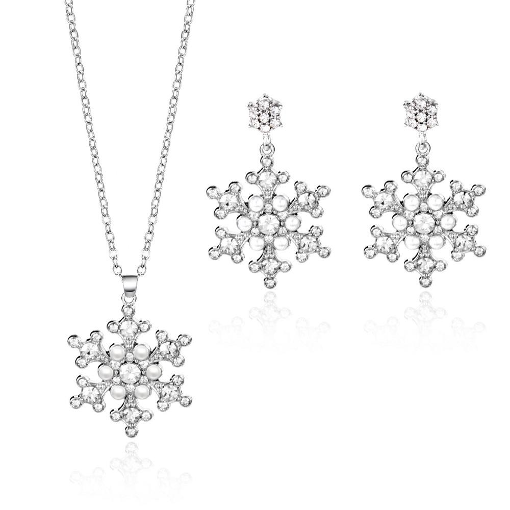 Zinc Zinc Zinc Alloy Xmas Dangle Earrings Rhinestone Snowflake Necklace Christmas Jewelry Set  Gift