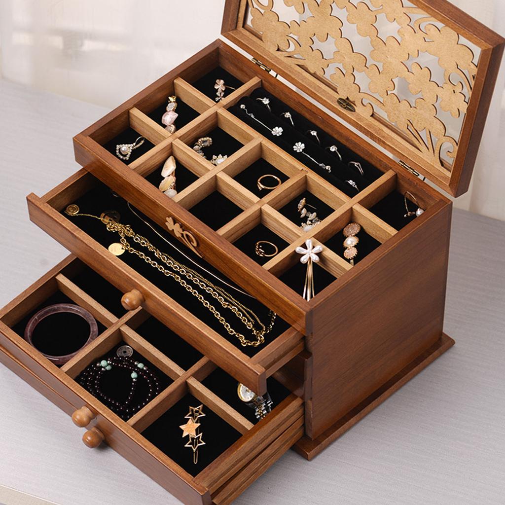 Decorative Wood Jewelry Storage Case Chest Storage Organizers with 3 Drawers with Elegant Styles for Home Decoration