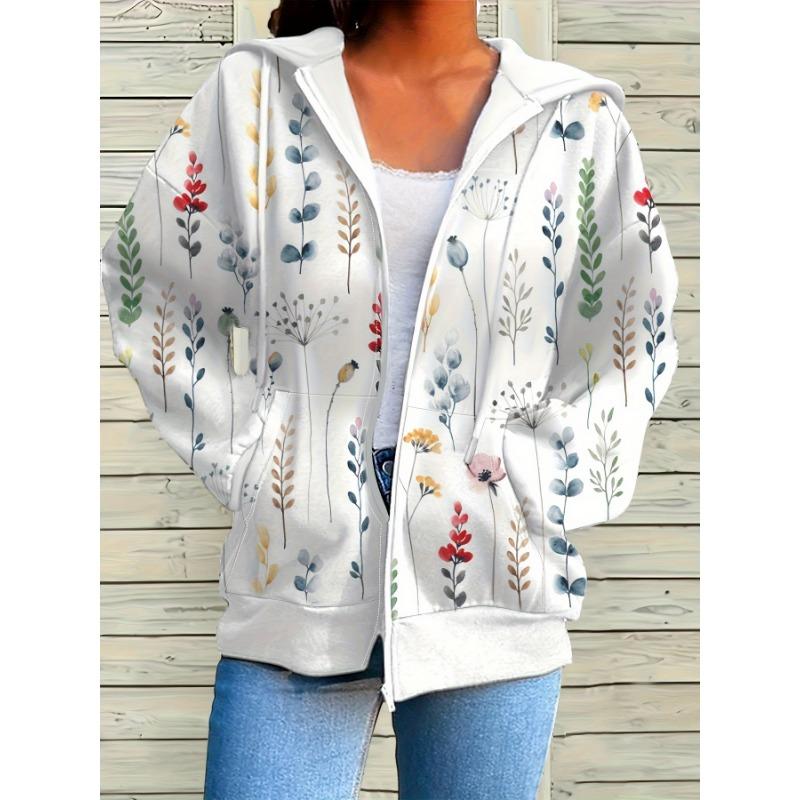 Ladies Casual Long Sleeved Loose Printed Hooded Jacket with Pockets S