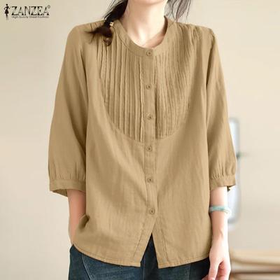 Women Casual Round Neck Solid Color 3/4 Sleeve Blouse